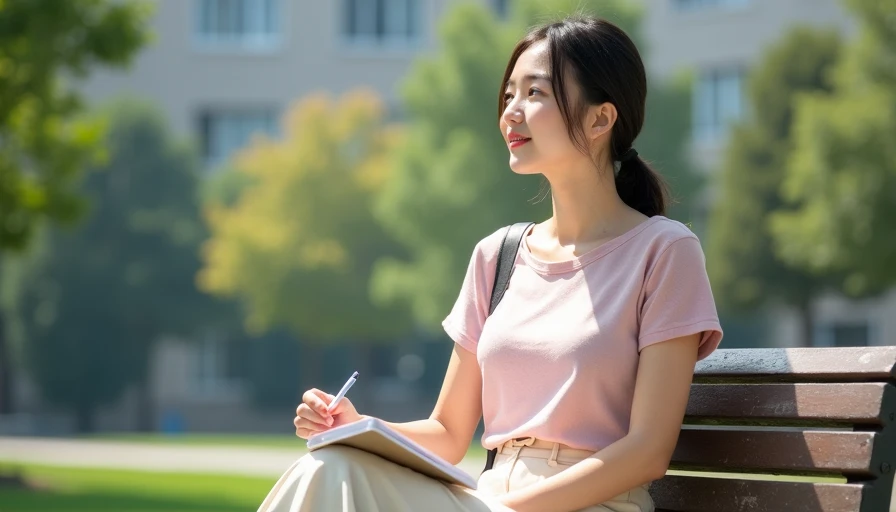 Soft Knit Top and Wide-Leg Pants — Cute but Casual Campus Look East Asian college girl wearing pale pink knit top and cream wide-leg pants sitting on campus bench in soft morning light, Korean-inspired feminine class outfit