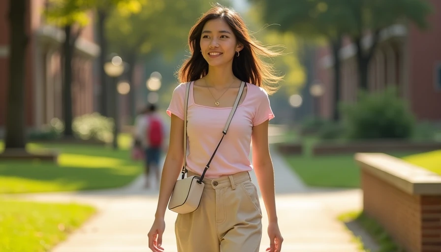 Casual afternoon walk date outfit with pale pink square-neck tee and beige wide-leg trousers on East Asian college girl on sunlit campus pathway, soft effortless look