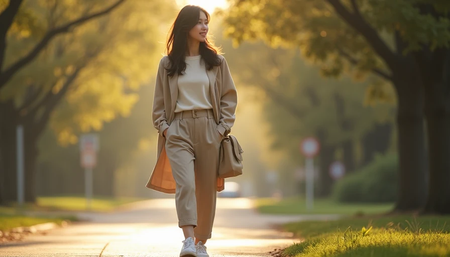 Evening walk date outfit with cream sweater and beige wide-leg trousers layered under trench coat on East Asian college girl during golden hour, soft romantic campus look