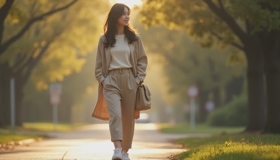 Evening Walk Date Outfit — Cream Sweater, Wide-Leg Trousers, and Trench Coat Evening walk date outfit with cream sweater and beige wide-leg trousers layered under trench coat on East Asian college girl during golden hour, soft romantic campus look