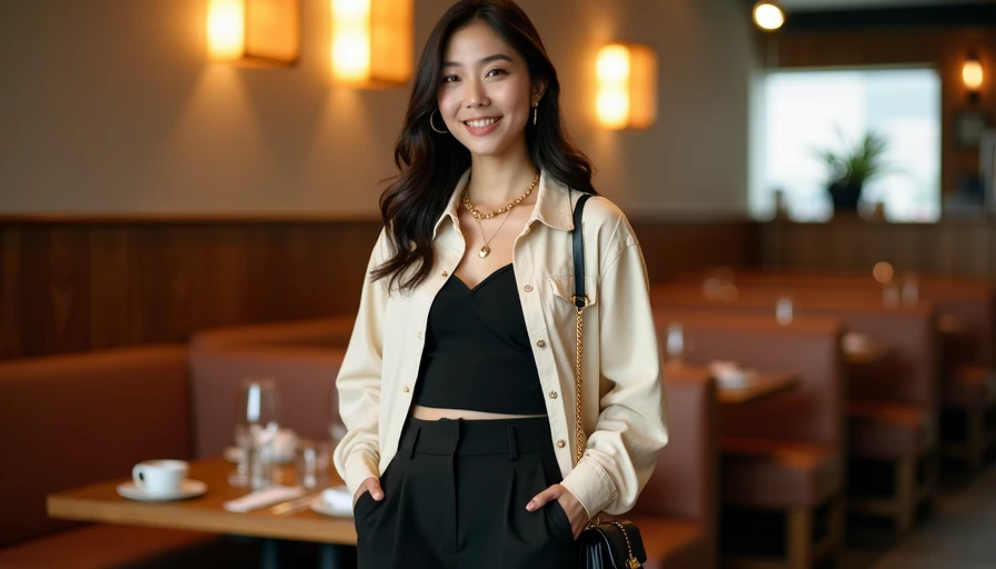 Dinner date outfit restyling cream oversized button-down and black wide-leg trousers on East Asian college girl in warm restaurant setting, closet-first no-buy look