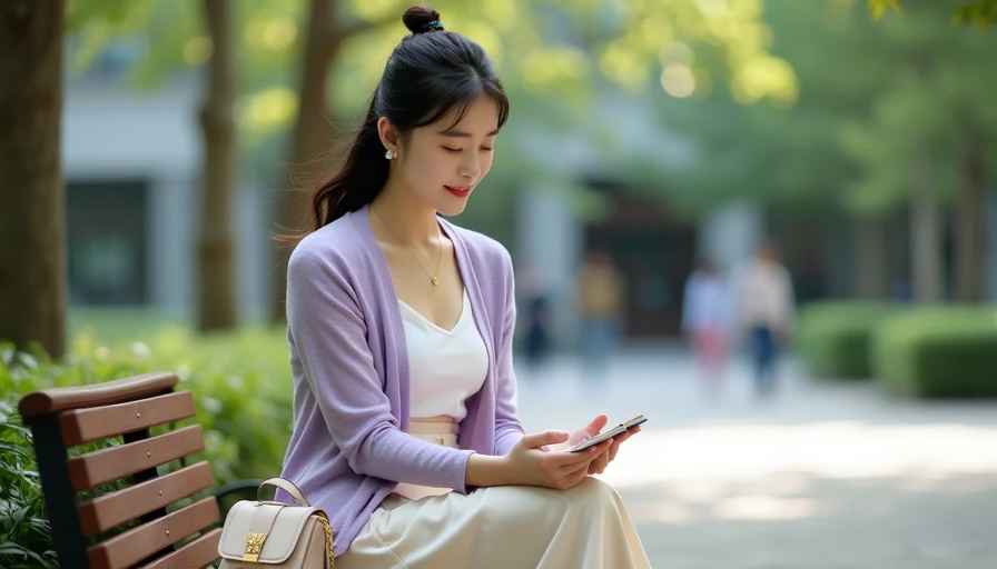 Korean-inspired pastel cardigan and cream satin midi skirt campus outfit on East Asian college girl sitting on wooden bench, soft feminine class look