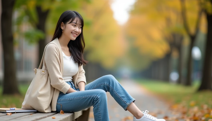 Early fall campus outfit with cream knit top and light-wash jeans layered under beige cardigan on East Asian college girl sitting on bench with autumn leaves, transitional weather look