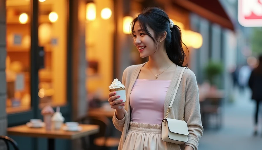 Dessert run date outfit with pale pink baby tee and cream satin midi skirt on East Asian college girl holding ice cream outside cozy dessert shop, sweet soft evening look