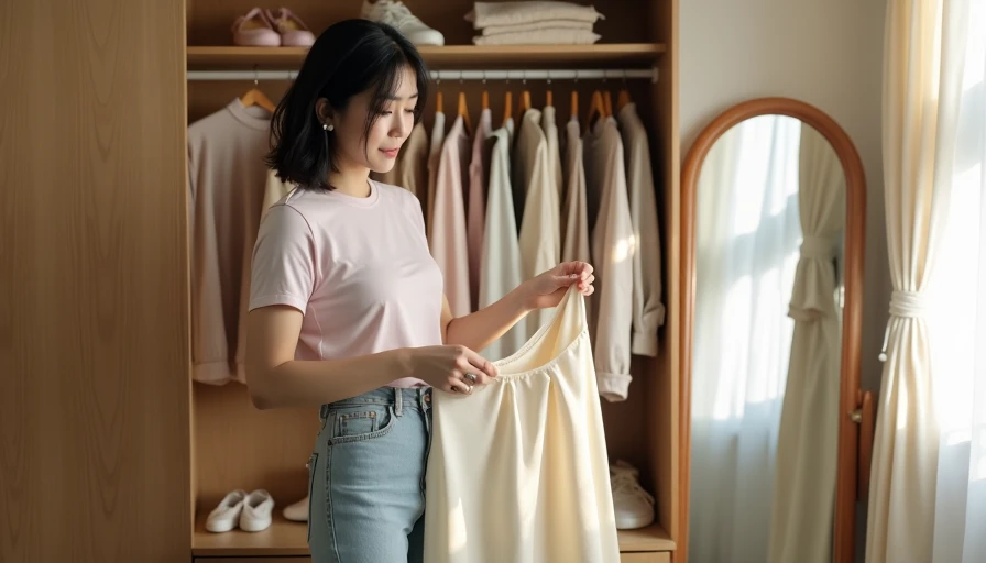 College girl mixing existing wardrobe pieces holding cream satin skirt against pink tee at open closet, mindful outfit planning from clothes she already owns