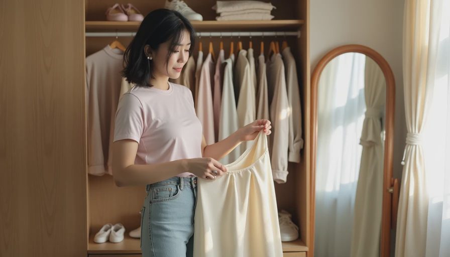 Building Outfits from Your Own Closet — Mixing Existing Wardrobe Pieces College girl mixing existing wardrobe pieces holding cream satin skirt against pink tee at open closet, mindful outfit planning from clothes she already owns
