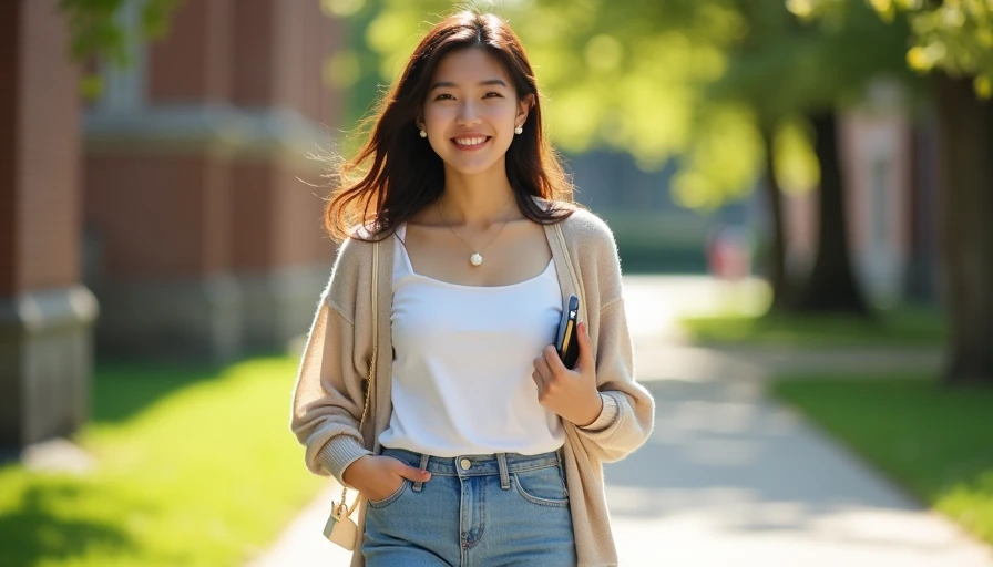 Before-and-After Styling — Basic White Tee and Jeans Made Feminine White tee front-tucked into cuffed light-wash jeans with beige cardigan draped on shoulders on East Asian college girl walking campus pathway, feminine styling for basic clothes