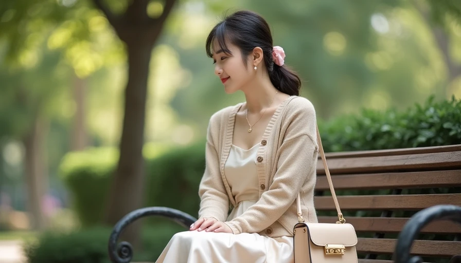 Budget-Friendly Combination — Cardigan as Top with Satin Midi Skirt Button-down cardigan worn as top tucked into cream satin midi skirt on East Asian college girl sitting on campus garden bench, budget-friendly outfit combination styling idea