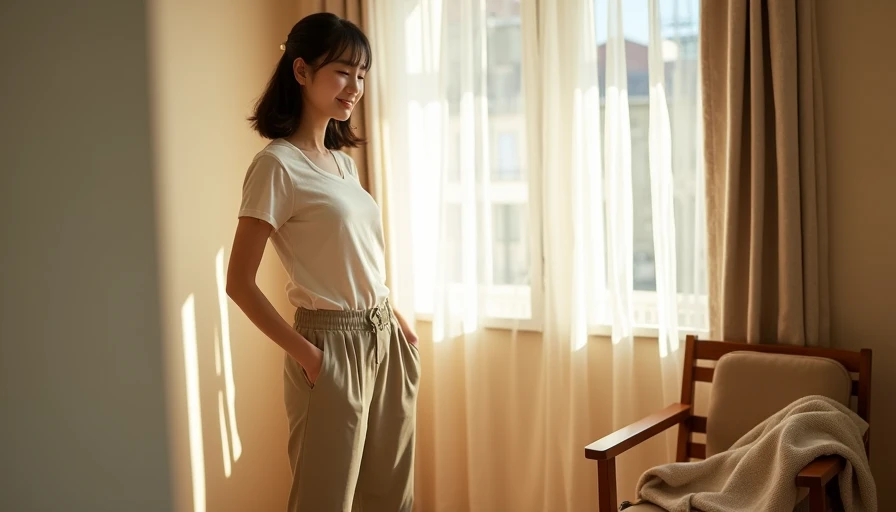 College girl wearing most-reworn beige wide-leg pants with elastic waist and cream knit top in sunlit dorm room, comfortable versatile wardrobe staple