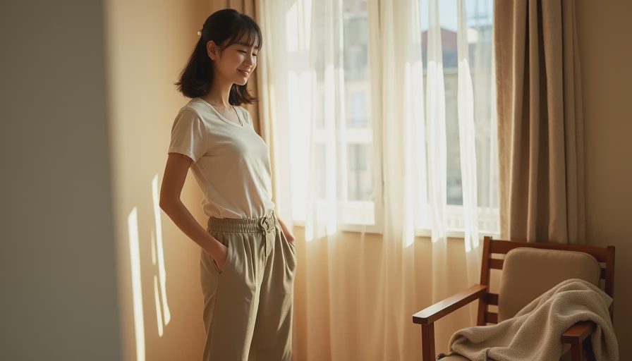 Most Reworn Piece — Beige Wide-Leg Pants with Cream Knit Top College girl wearing most-reworn beige wide-leg pants with elastic waist and cream knit top in sunlit dorm room, comfortable versatile wardrobe staple