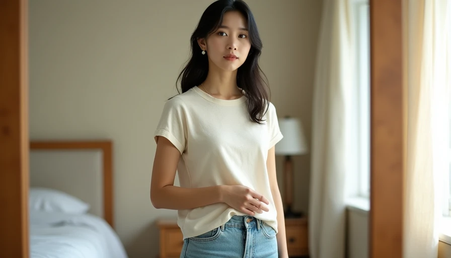 Good Fit Makes the Difference — Cream Knit and Straight-Leg Jeans Perfectly fitted cream knit top and straight-leg jeans on East Asian college girl standing in front of mirror in sunlit dorm room, demonstrating how good fit makes simple outfits look expensive