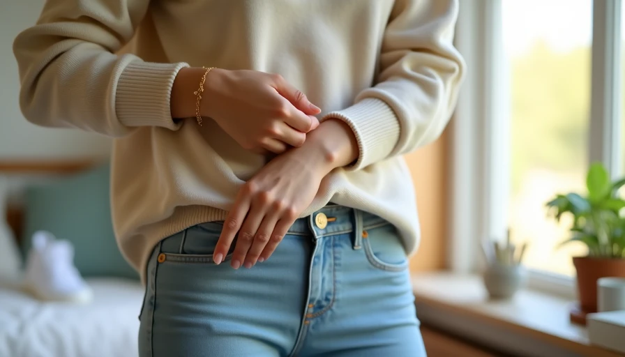 Intentional Styling Details — Rolling Sleeves and Tucking Jeans Close-up of hands rolling cream knit sleeve to elbow with front-tucked light-wash jeans and cuffed hem, small styling adjustments that make casual outfit look intentional