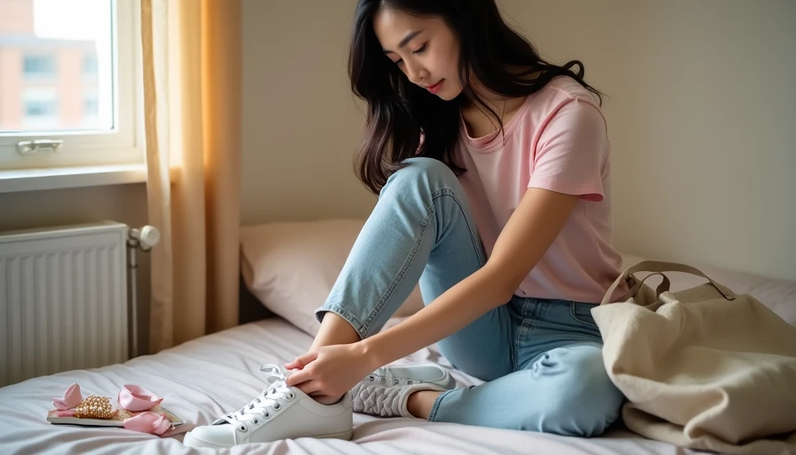 Where to Save vs Spend — Quality Sneakers with Affordable Basics College girl lacing white leather sneakers as investment piece with affordable pastel tee and jeans on dorm bed, budget-friendly wardrobe essentials and accessories nearby