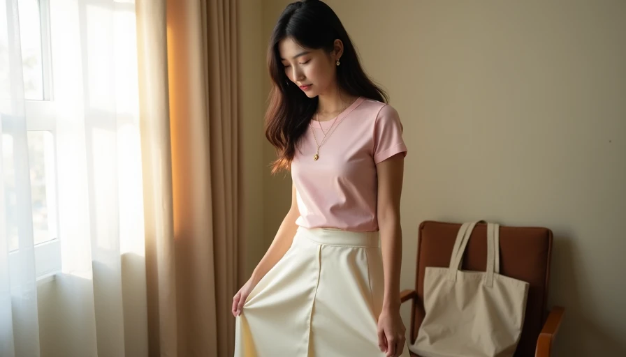Affordable Basic — Cream Satin Midi Skirt with Pastel Pink Tee Affordable cream satin midi skirt styled with pastel pink baby tee on East Asian college girl near sunlit window, budget-friendly Korean-inspired basic piece