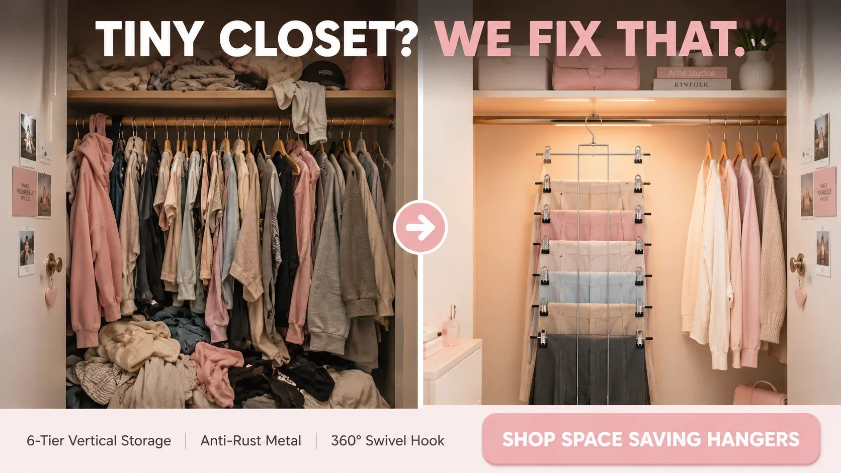 Before and after dorm closet transformation with space saving hangers showing messy vs organized clothing storage