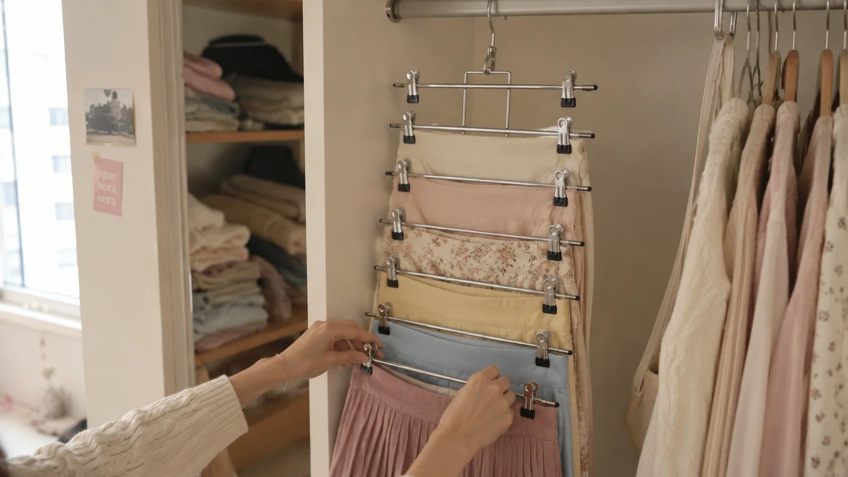 College girl hanging skirts on a silver 6-tier space saving hanger inside a small dorm closet, first-person view