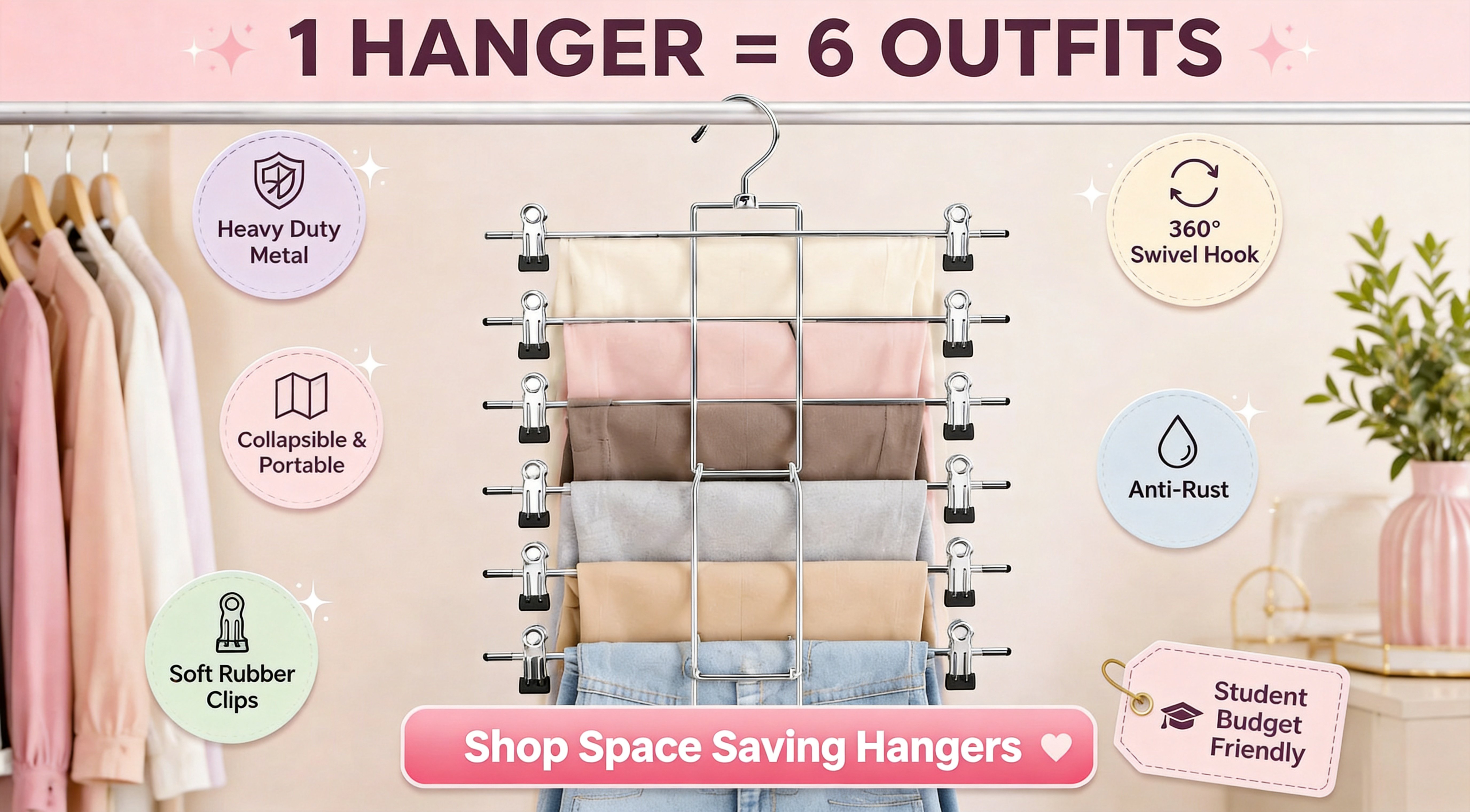 Silver 6-tier space saving hanger with multiple outfits clipped neatly, featuring product highlights and shop now button