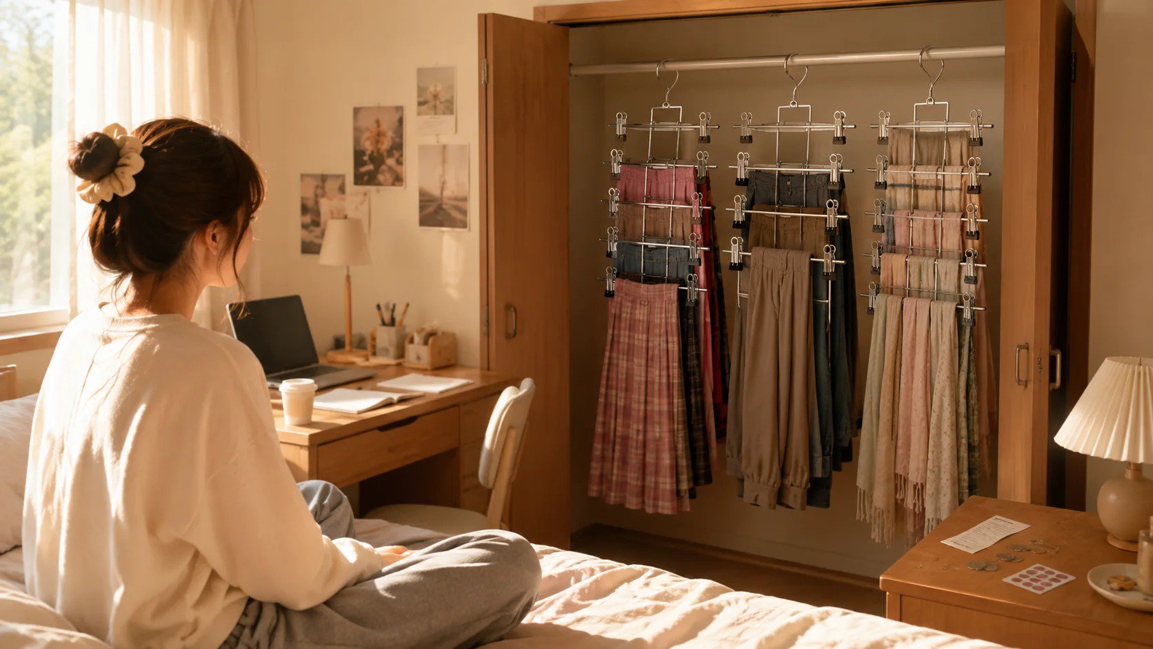 College girl sitting on her bed smiling at her tidy dorm closet organized with silver metal 6-tier space saving hangers, coffee and notebook on desk nearby.