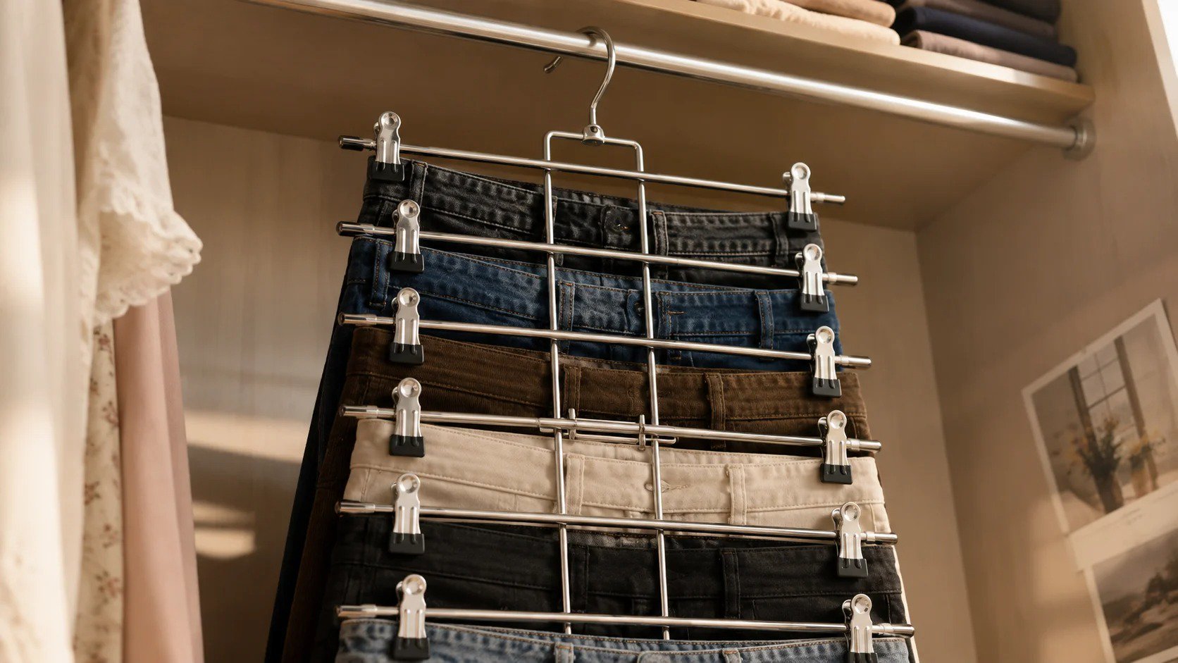 Low-angle view of a silver metal 6-tier hanger holding multiple thick trousers with zero bending, inside a warm dorm closet.