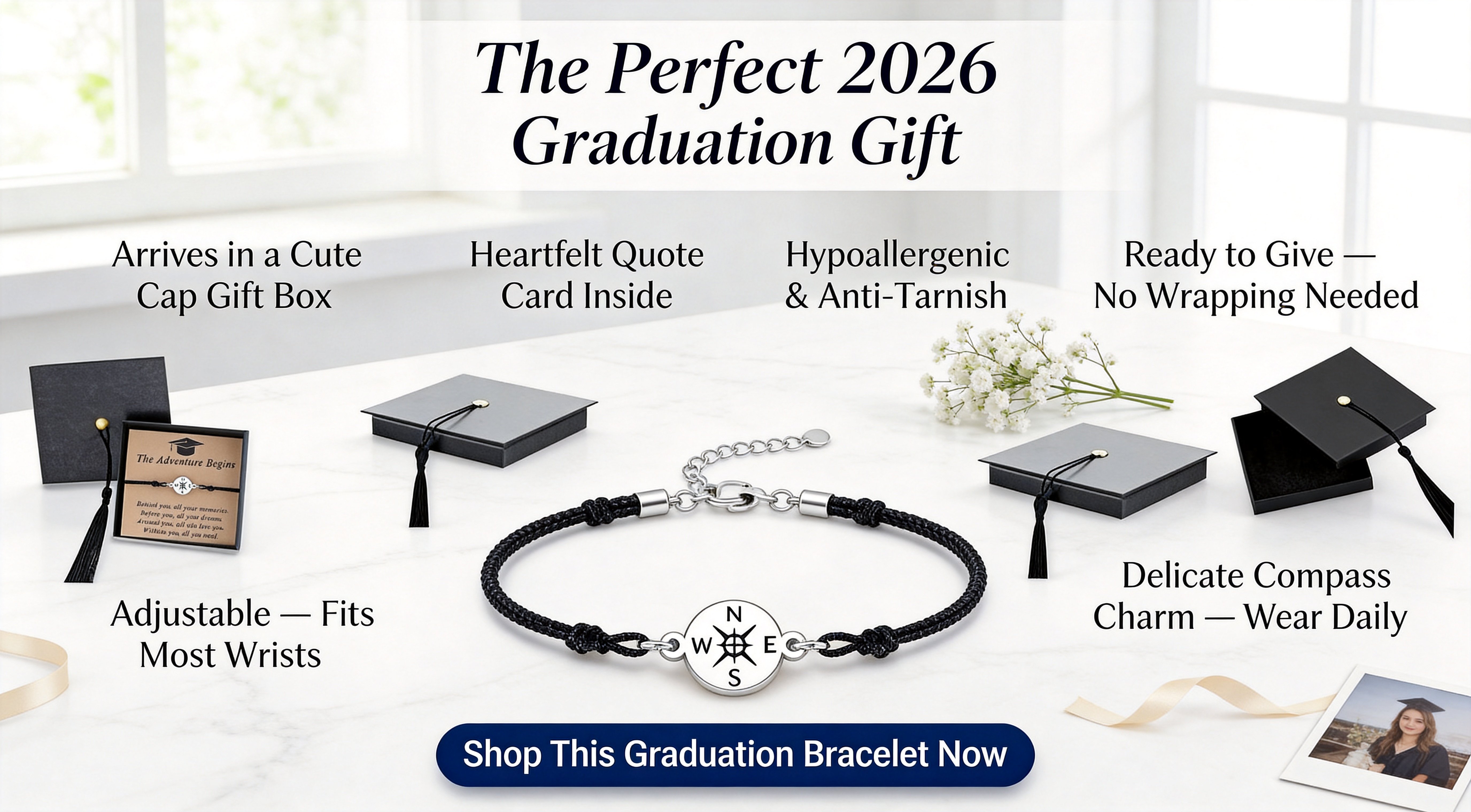 2026 Graduation Bracelet Gift — Shop Now 2026 graduation gift promotional graphic featuring compass bracelet in cap gift box with quote card, adjustable unisex design, and shop now button on marble background.