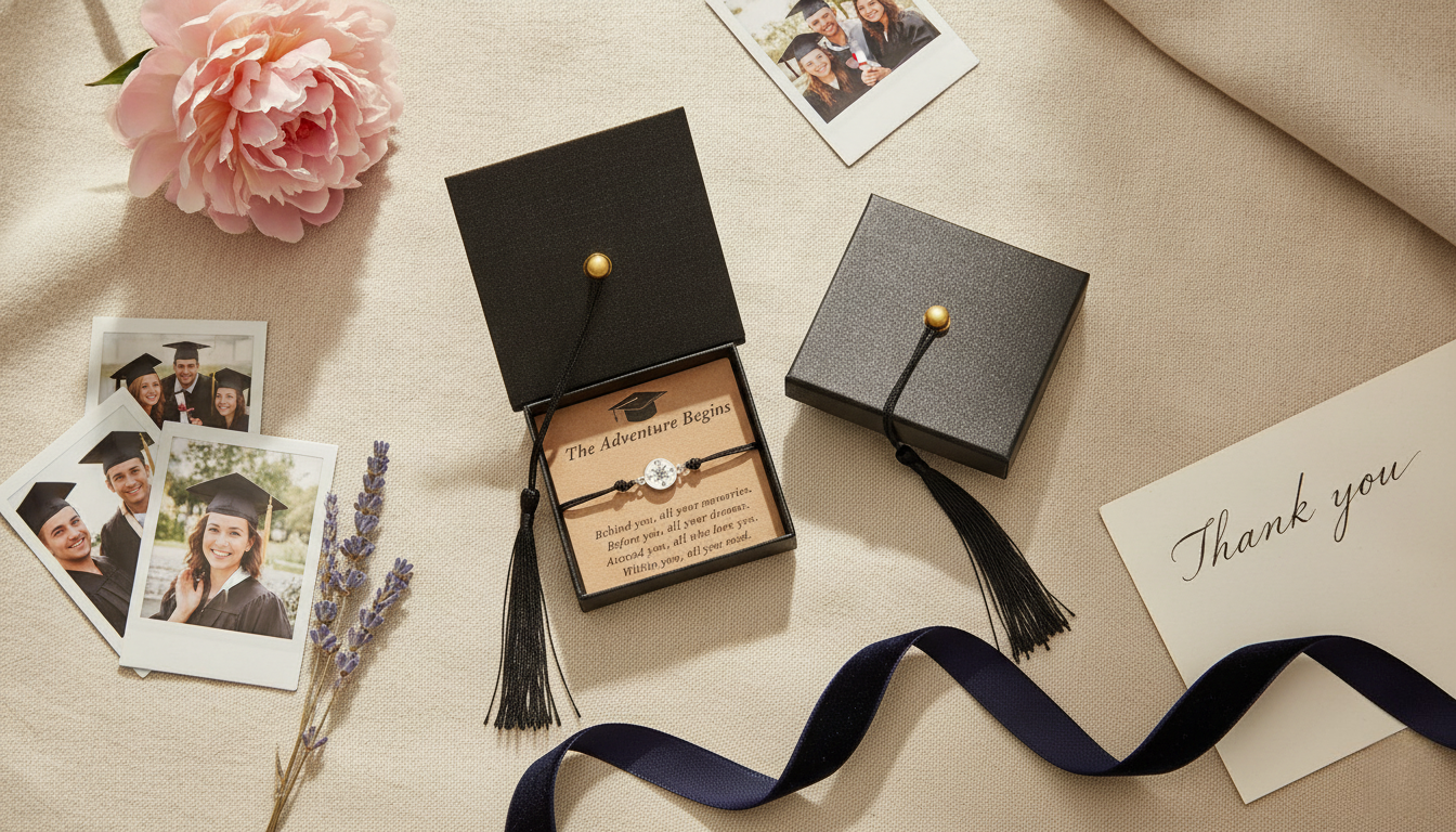 Graduation Bracelet with Cap Box — Gift Keepsake Scene Graduation bracelet resting inside an open mini cap gift box with quote card, surrounded by polaroid photos, dried flowers, and a handwritten note on soft linen background.
