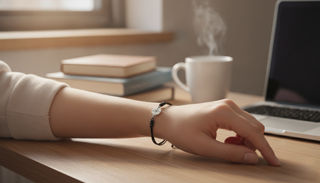 Adjustable Graduation Bracelet — Easy Resize in Real Life' Close-up of hands adjusting the sliding knot on a graduation bracelet, demonstrating the adjustable fit on a cozy campus desk background.
