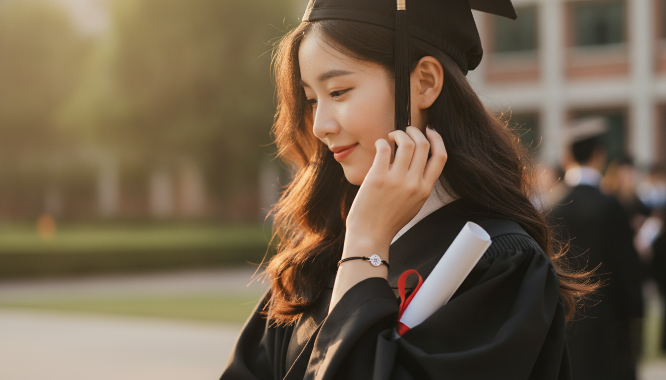 Hidden Charm Under the Grad Gown — Korean Campus Graduation Moment Korean-inspired graduate with soft wavy hair adjusting her tassel, wearing a delicate compass graduation bracelet in warm golden hour light.