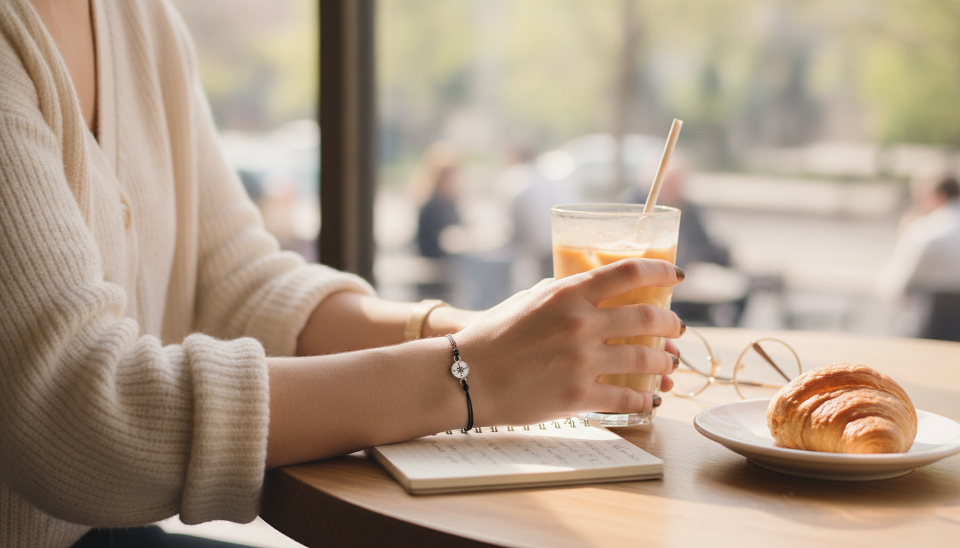 Coffee Run Style — Graduation Bracelet Layered with Watch Close-up of wrist wearing a graduation bracelet stacked with a thin watch, holding iced coffee at a cozy café table with soft natural light.