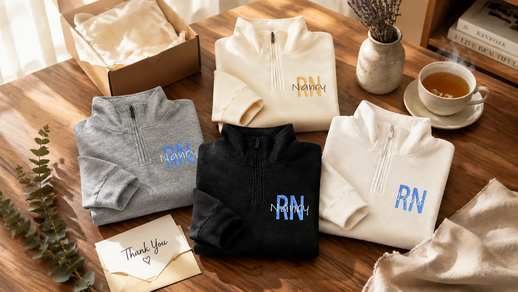 Four custom embroidered RN jackets in navy, burgundy, forest green, and charcoal gray arranged on a wooden table with gift box and flowers.