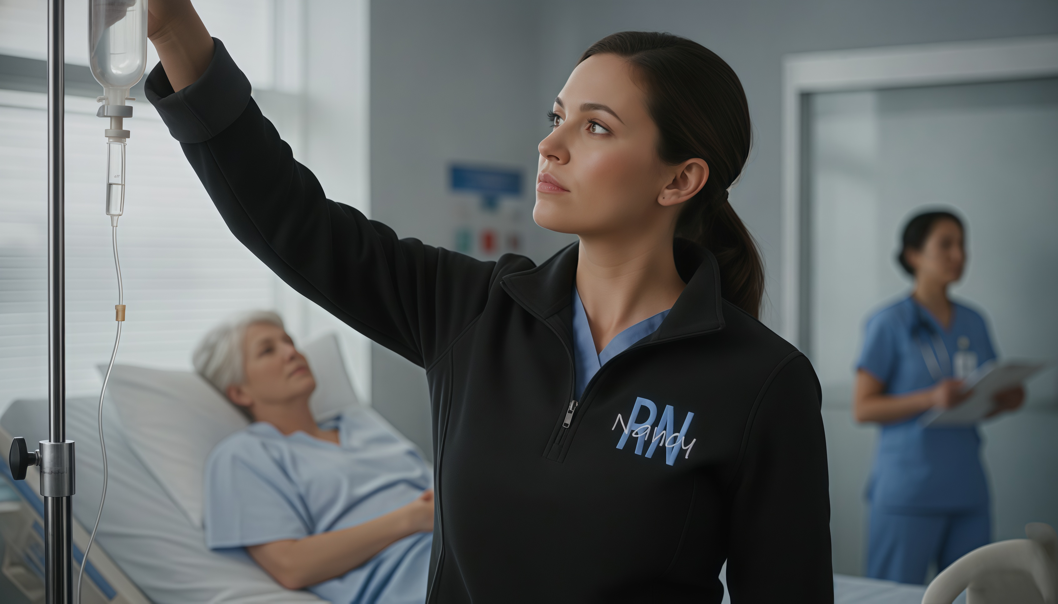 Registered nurse wearing a personalized RN jacket with custom left-chest embroidery, adjusting an IV drip in a hospital ward.